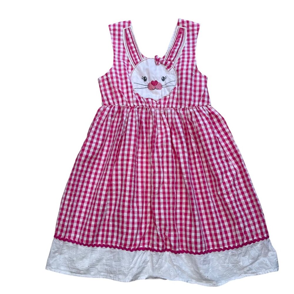 Nanette Girl Easter Dress Size 6X Pink and‎ White Gingham Bunny Applique Eyelet
